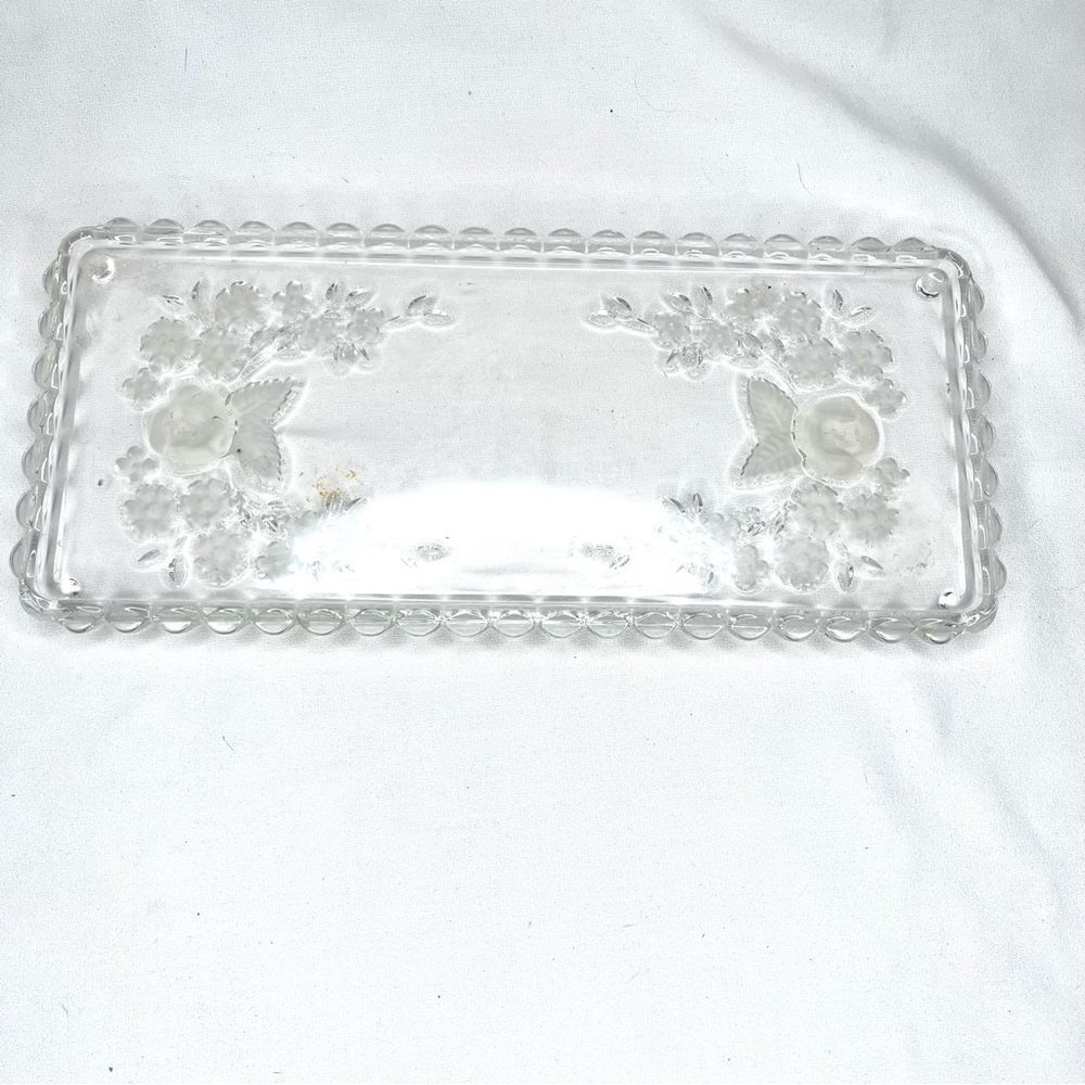 Rectangle Pressed Etched Glass Jewelry Tray Coctail Holder Vintage Early Century